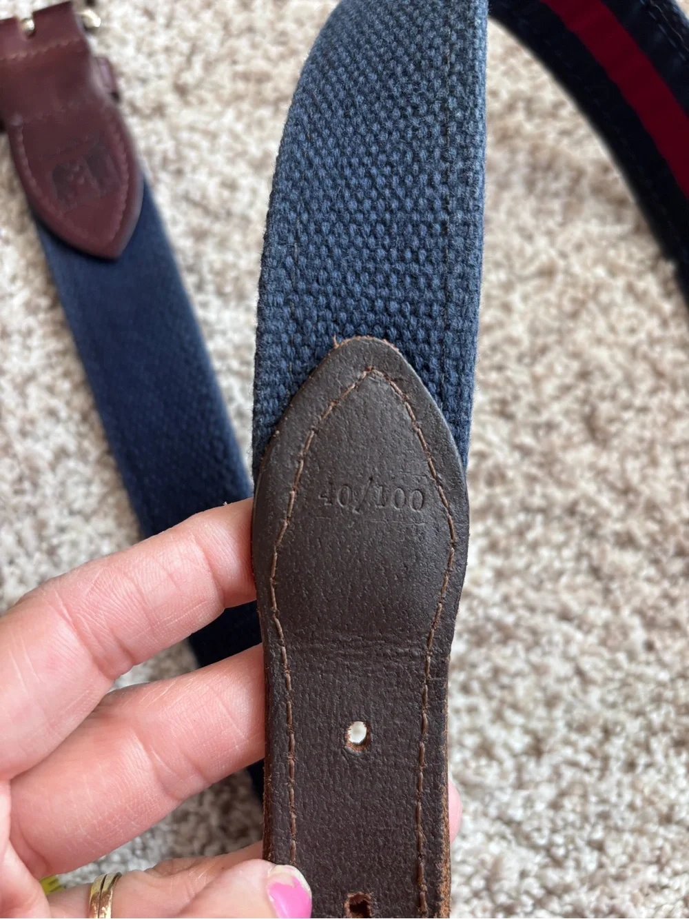 The Belted Cow Classic Stripe Club Belt 40/100 Canvas Leather Trim Brass Buckle